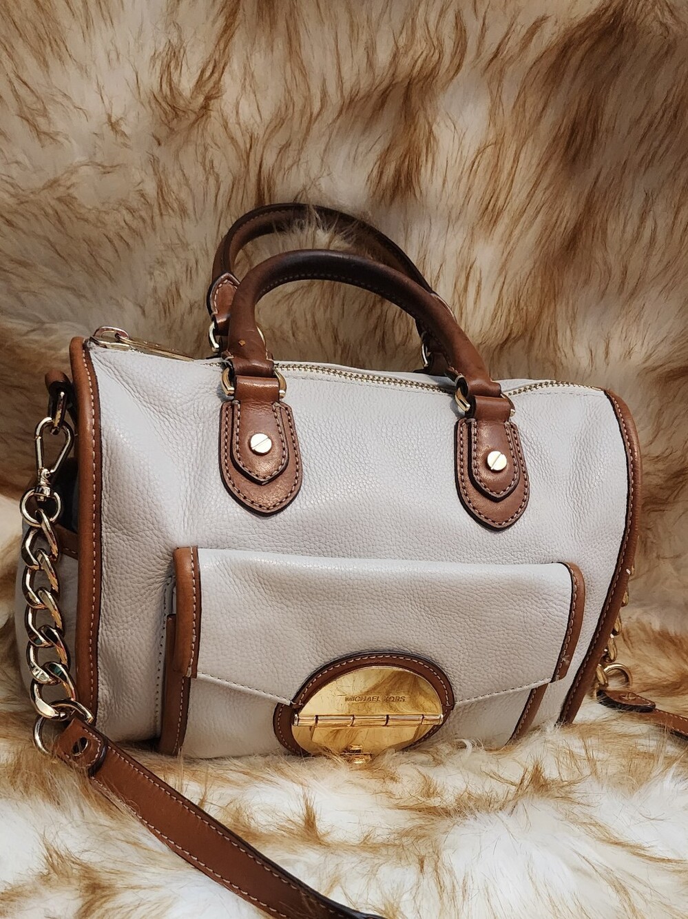 Michael Kors White and Brown Leather Satchel